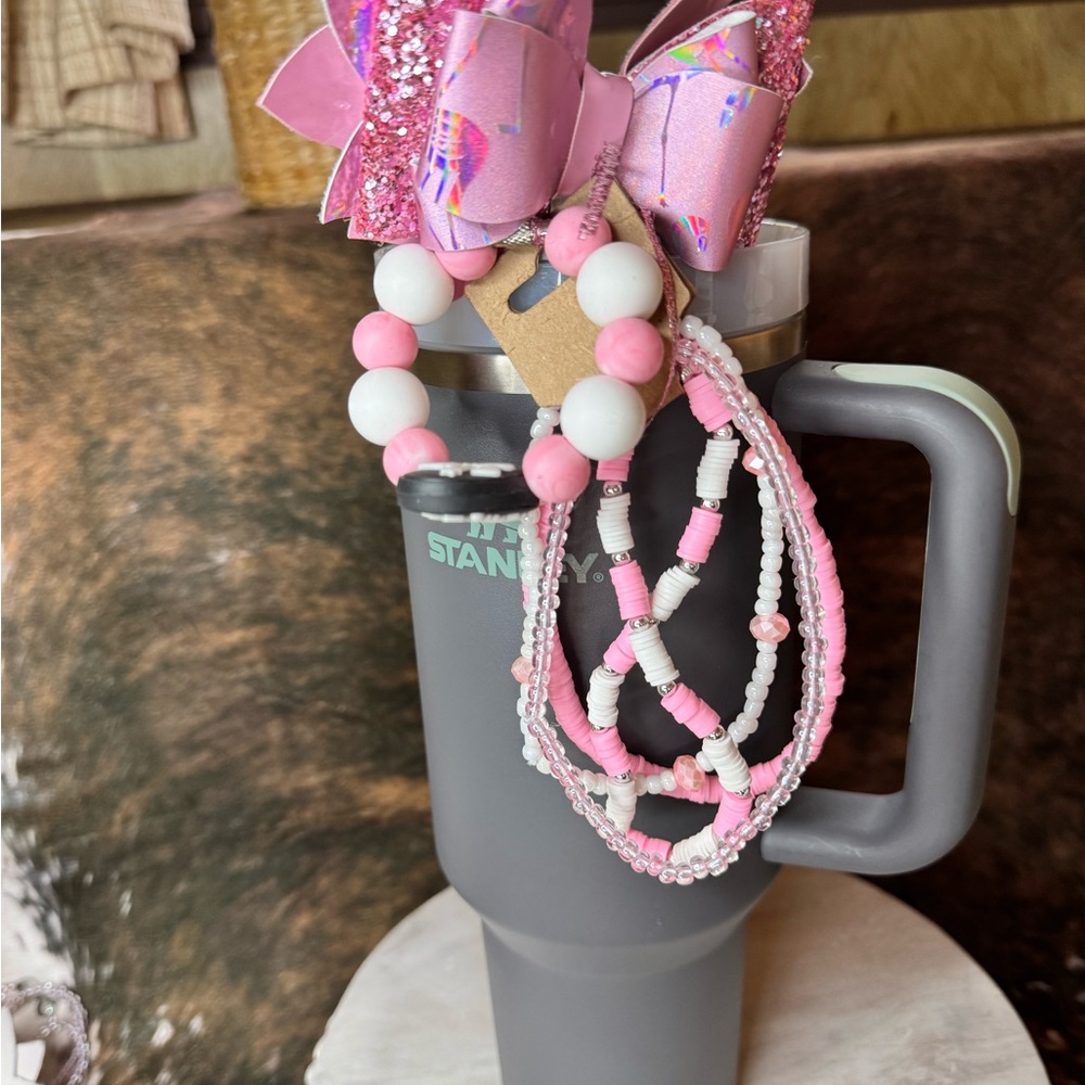 Stanley bow topper bracelet stack handle charm pink white dog mom set